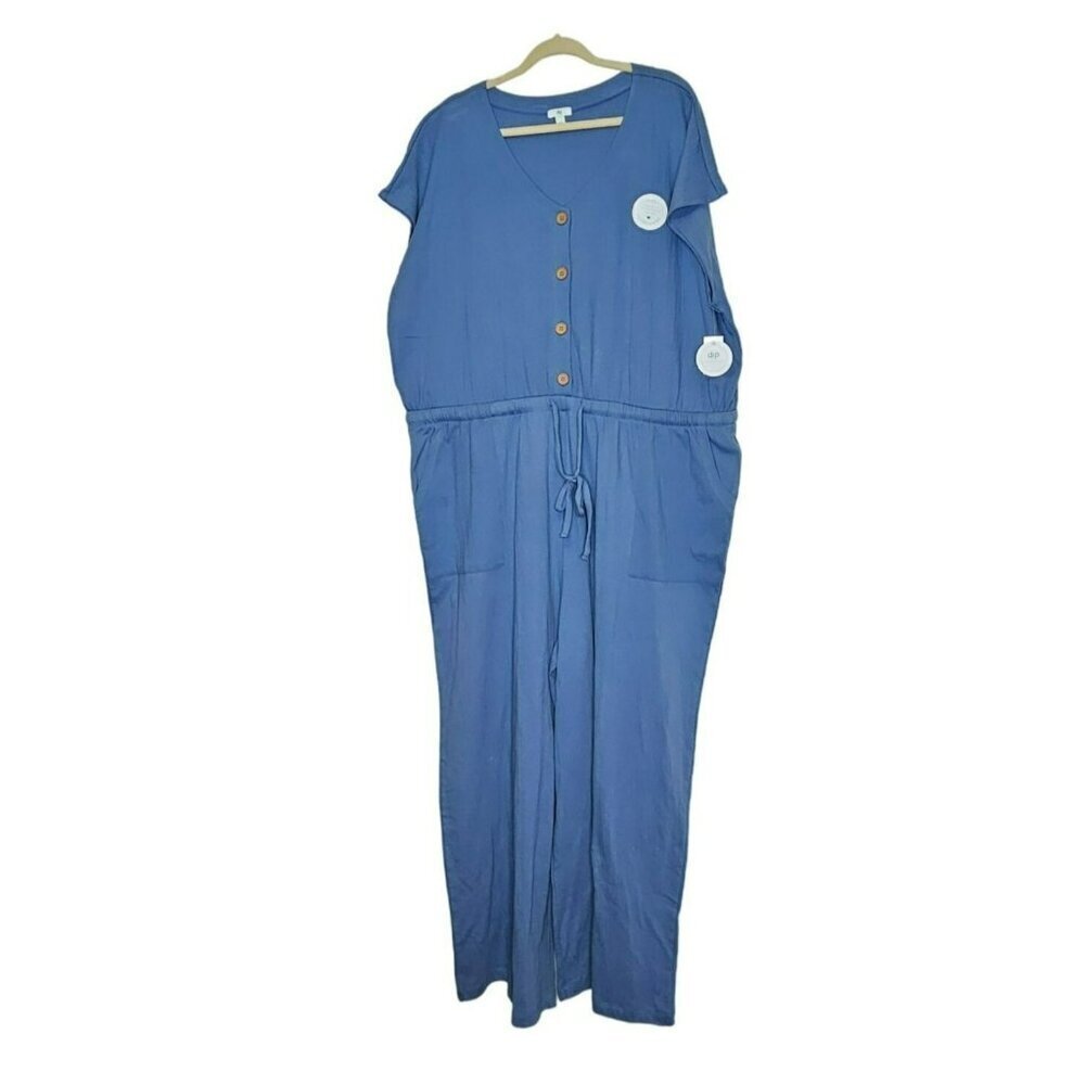 Dip Blue Button-Front Jumpsuit Elastic Drawstring Waist 3X Cotton‎ Polyester